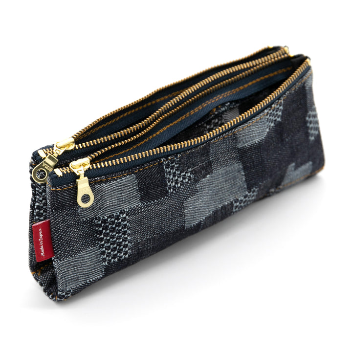 Luddite Authentic Denim Folding Pen Case - Patchwork — writing at an angle