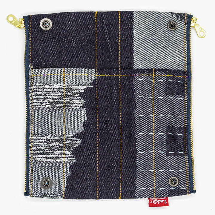 Luddite Authentic Denim Folding Pen Case - Random Patchwork — writing at an angle