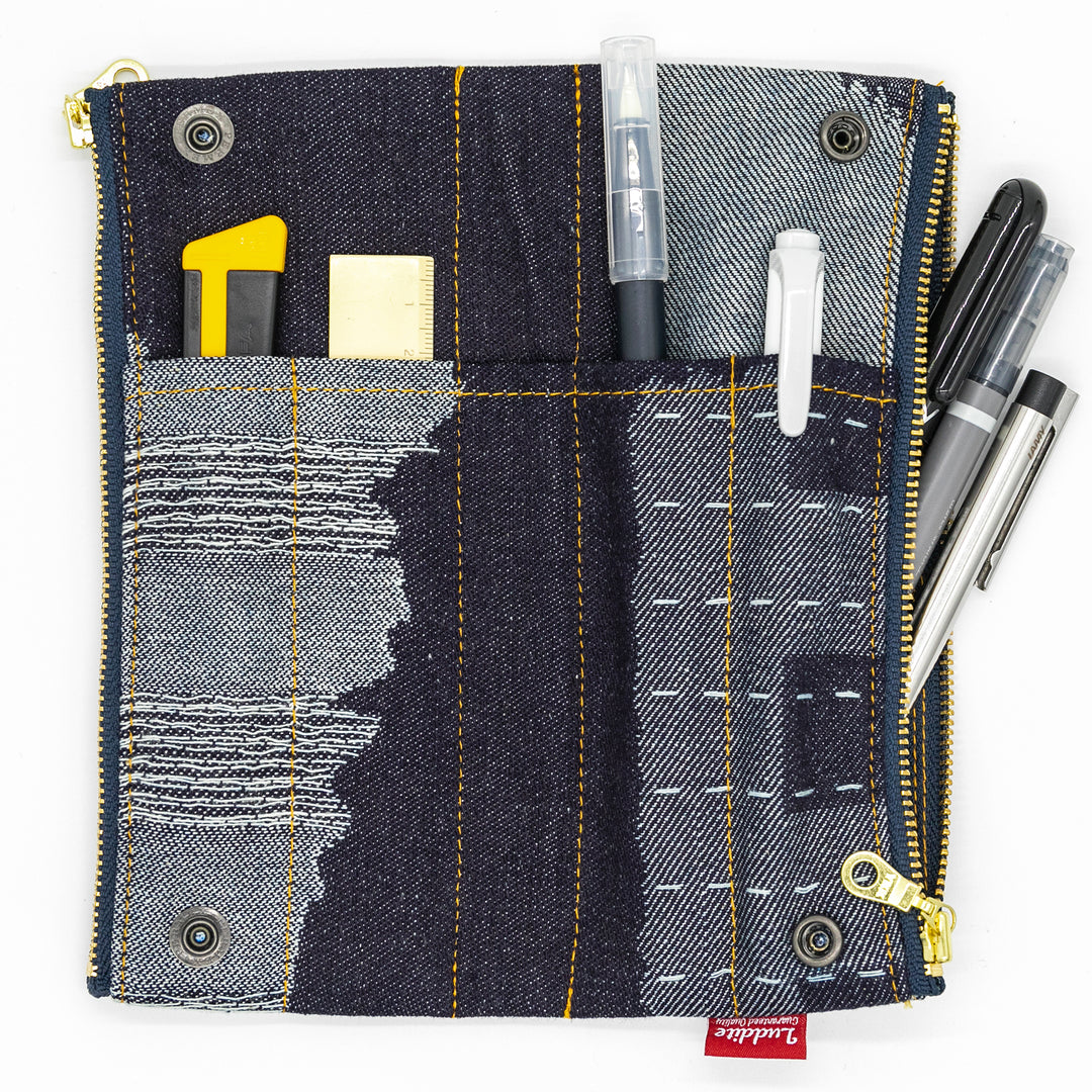 Luddite Authentic Denim Folding Pen Case - Random Patchwork — barrel detail