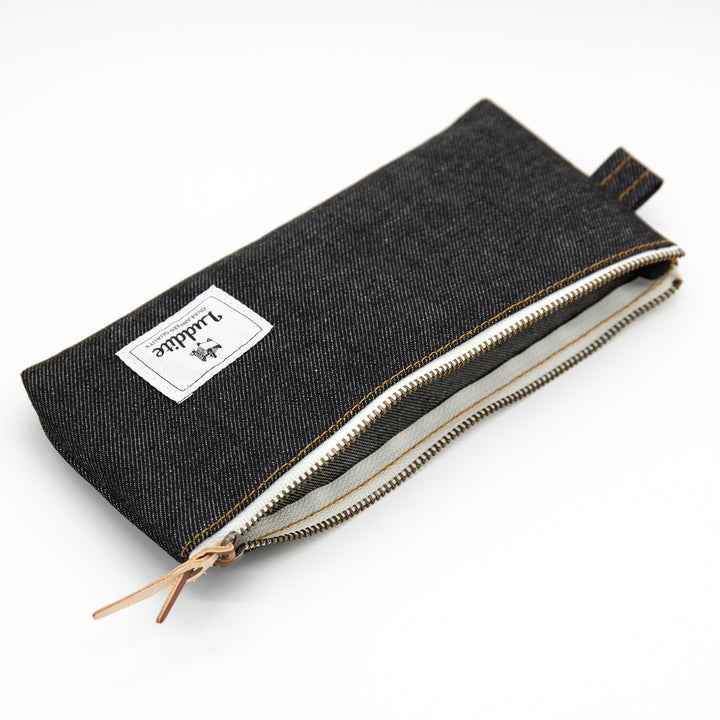 Luddite Pen Case M - Okayama Denim Black — writing at an angle