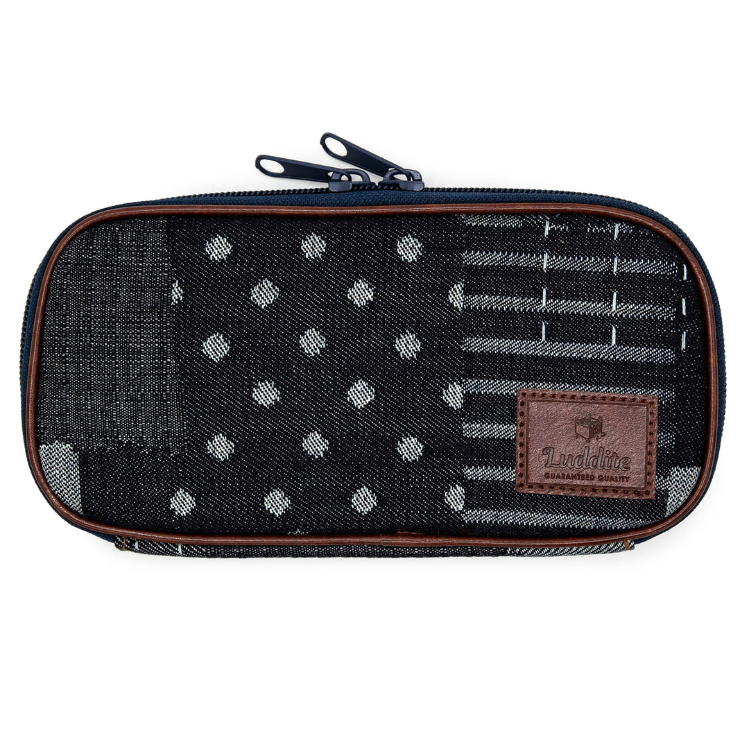 Luddite Round Zip Pencase Okayama Denim in Random Patchwork — Luddite pencil — quality graphite writing pencil, at Cityluxe Singapore
