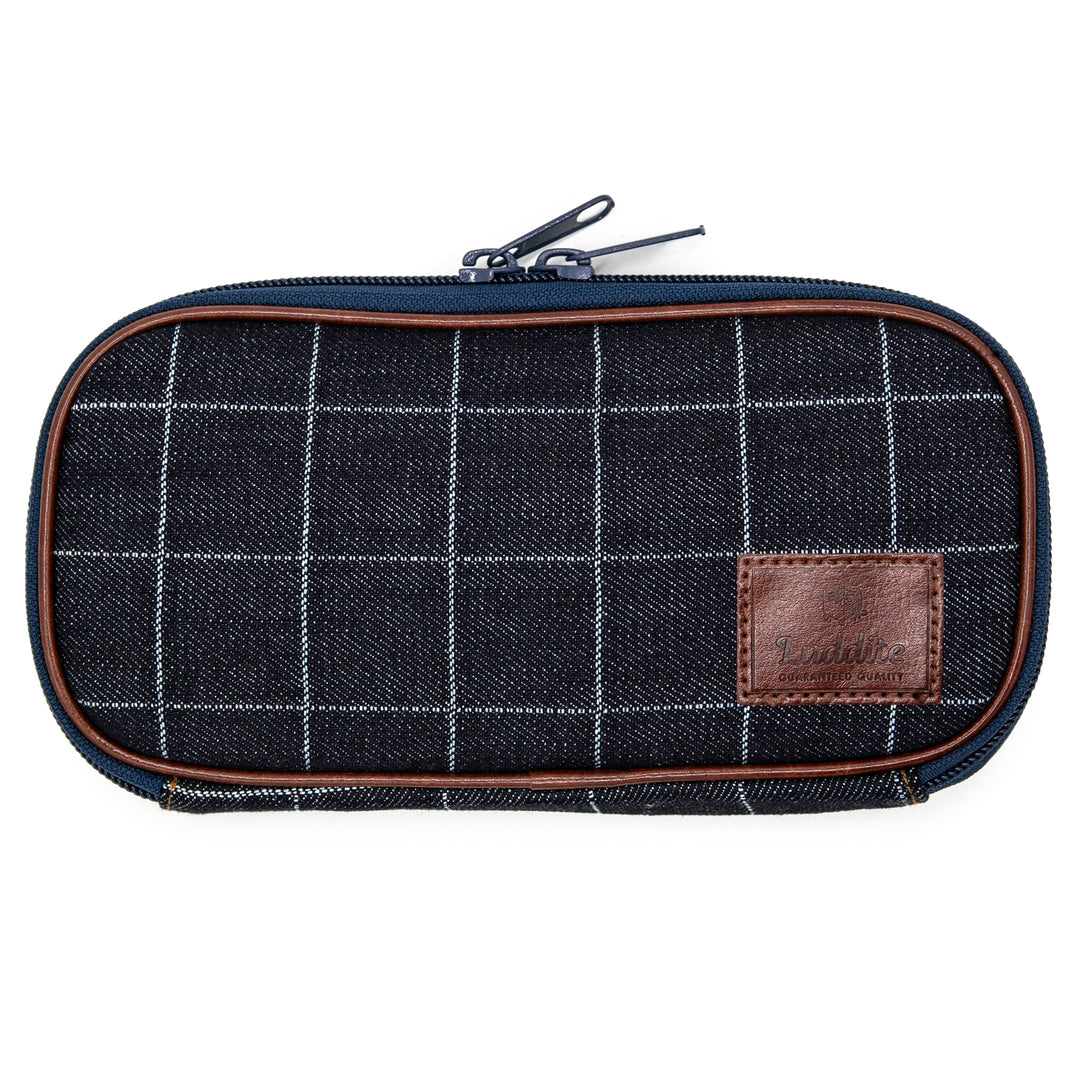 Luddite Round Zip Pencase Okayama Denim in Windowpane — Luddite pencil — quality graphite writing pencil, at Cityluxe Singapore
