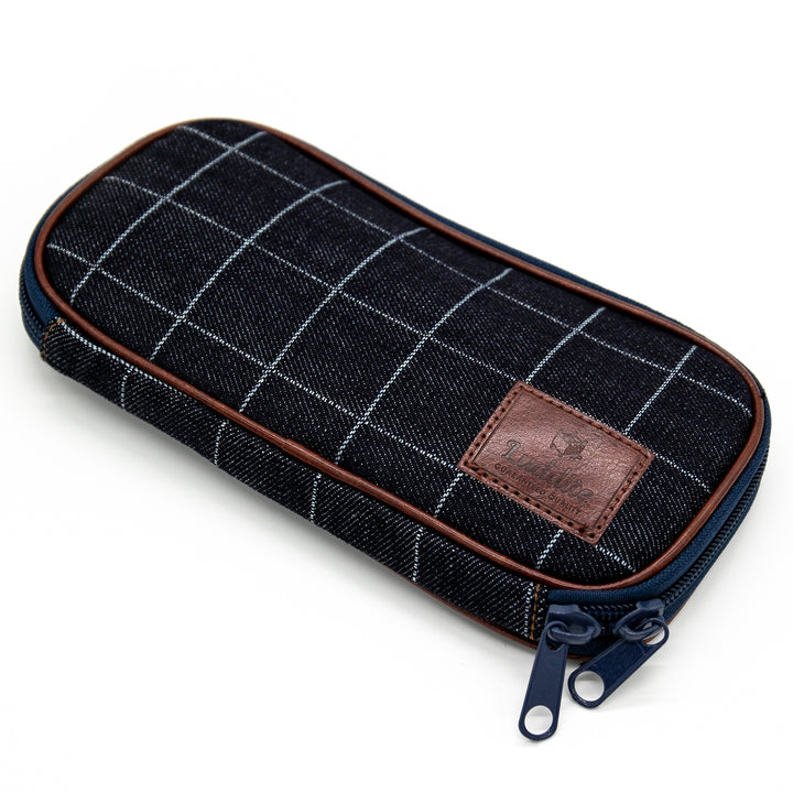 Luddite Round Zip Pencase Okayama Denim - Windowpane — tip detail