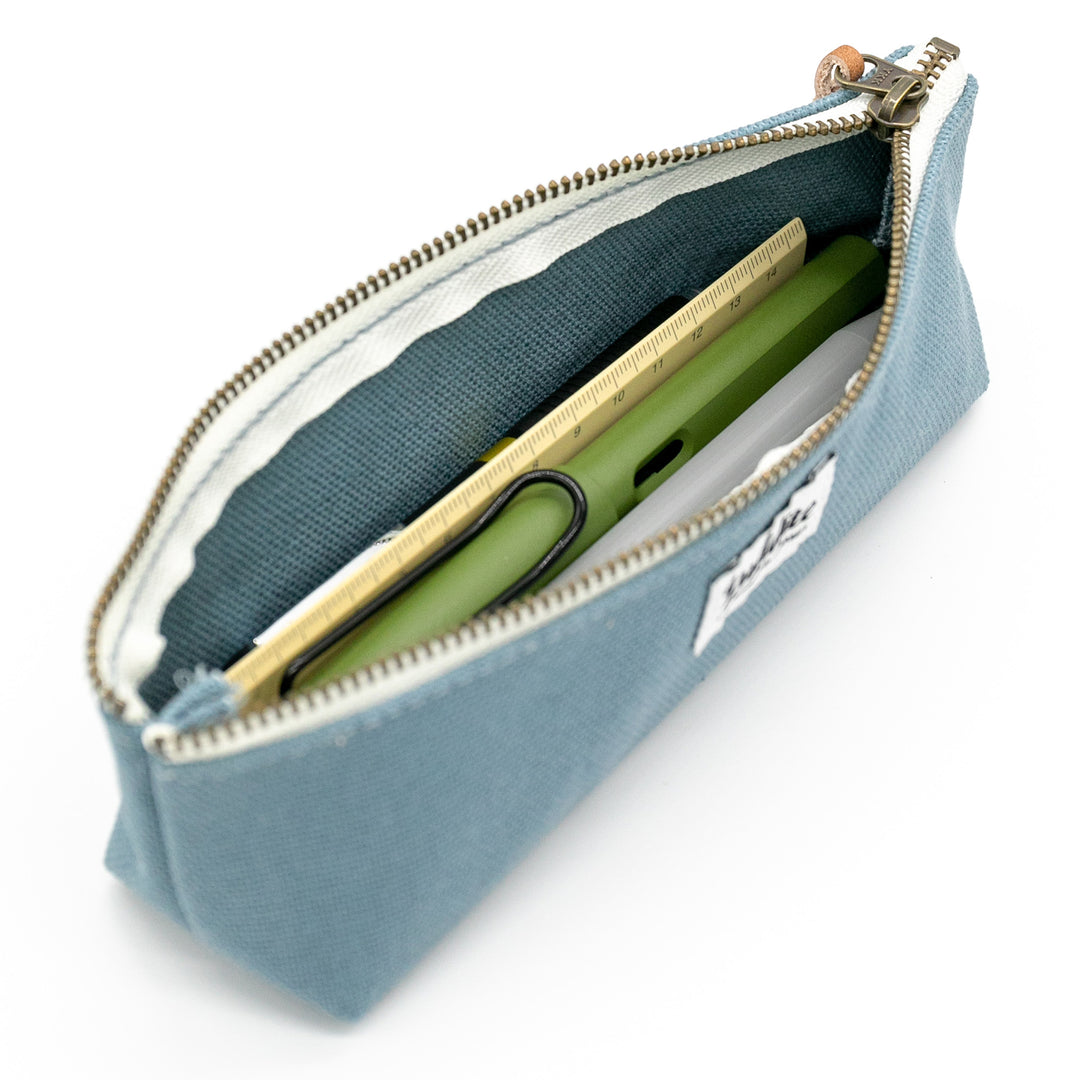 Luddite Kurashiki Canvas Pen Case S - Blue Gray — writing at an angle