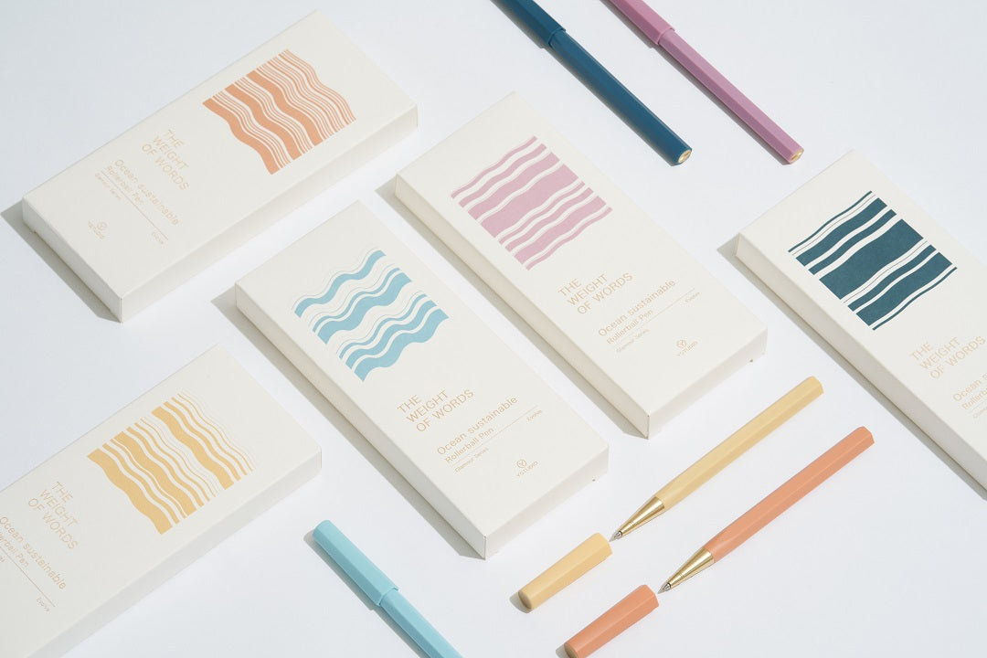 Ystudio Glamour Evolve-Ocean Sustainable Rollerball Pen in Sea Indigo — Ystudio rollerball pen — fluid gel ink writing instrument, at Cityluxe Singapore