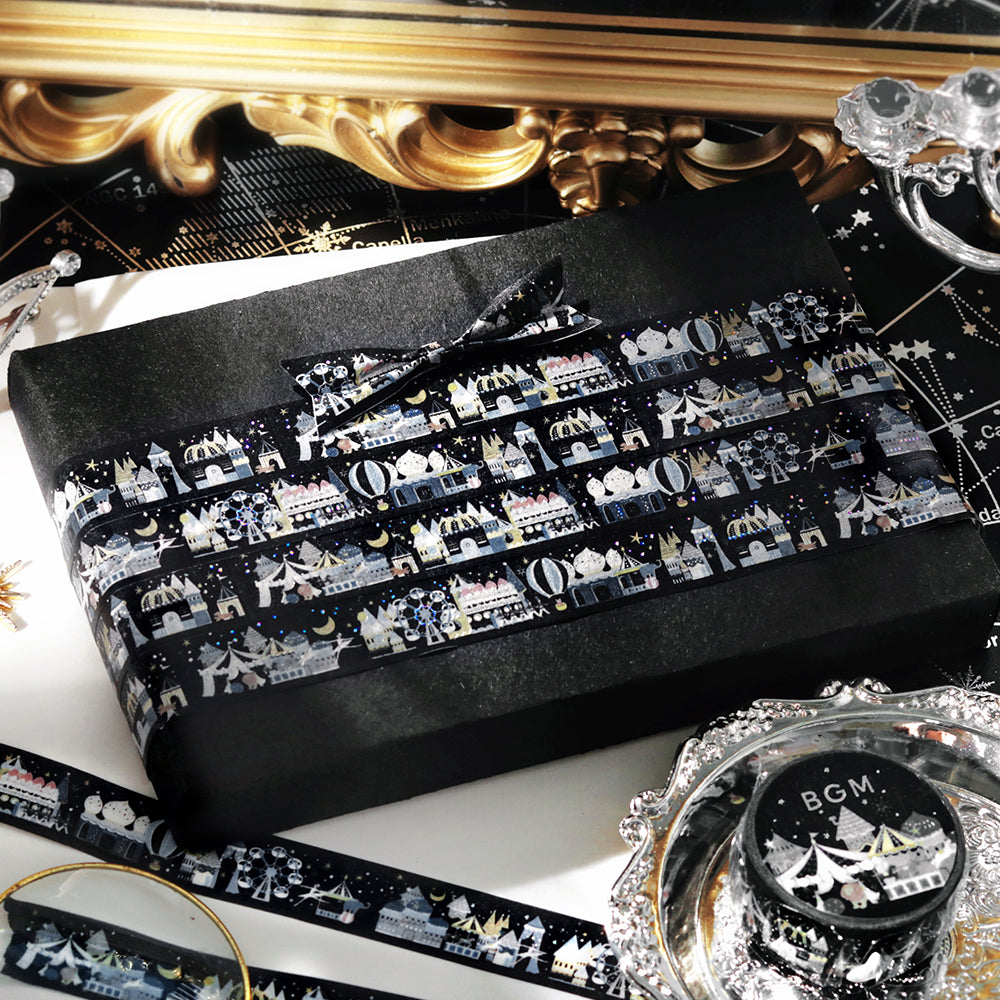 BGM Foil Stamping Masking Tape in Midnight Amusement Park — BGM washi tape — decorative Japanese paper tape for journaling and craft, at Cityluxe Singapore