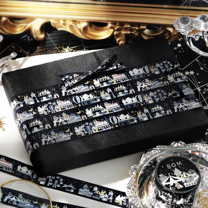BGM Foil Stamping Masking Tape in Midnight Amusement Park — BGM washi tape — decorative Japanese paper tape for journaling and craft, at Cityluxe Singapore