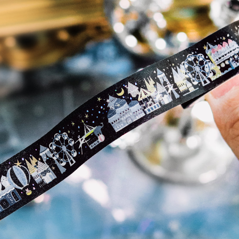 BGM Foil Stamping Masking Tape in Midnight Amusement Park — BGM washi tape — decorative Japanese paper tape for journaling and craft, at Cityluxe Singapore