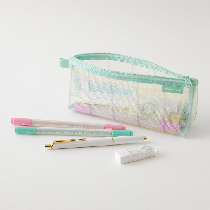 Midori Mesh Pen Case with Gusset in Check Green [Limited Edition] — Midori pen case — protective pouch for pens and writing instruments, at Cityluxe Singapore