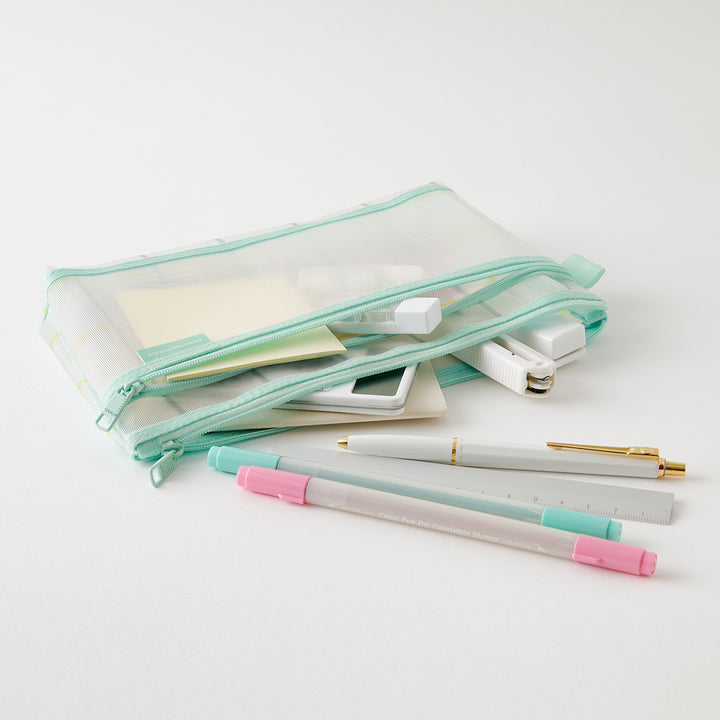Midori Mesh Pen Pouch in Check Green [Limited Edition] — Midori pen case — protective pouch for pens and writing instruments, at Cityluxe Singapore