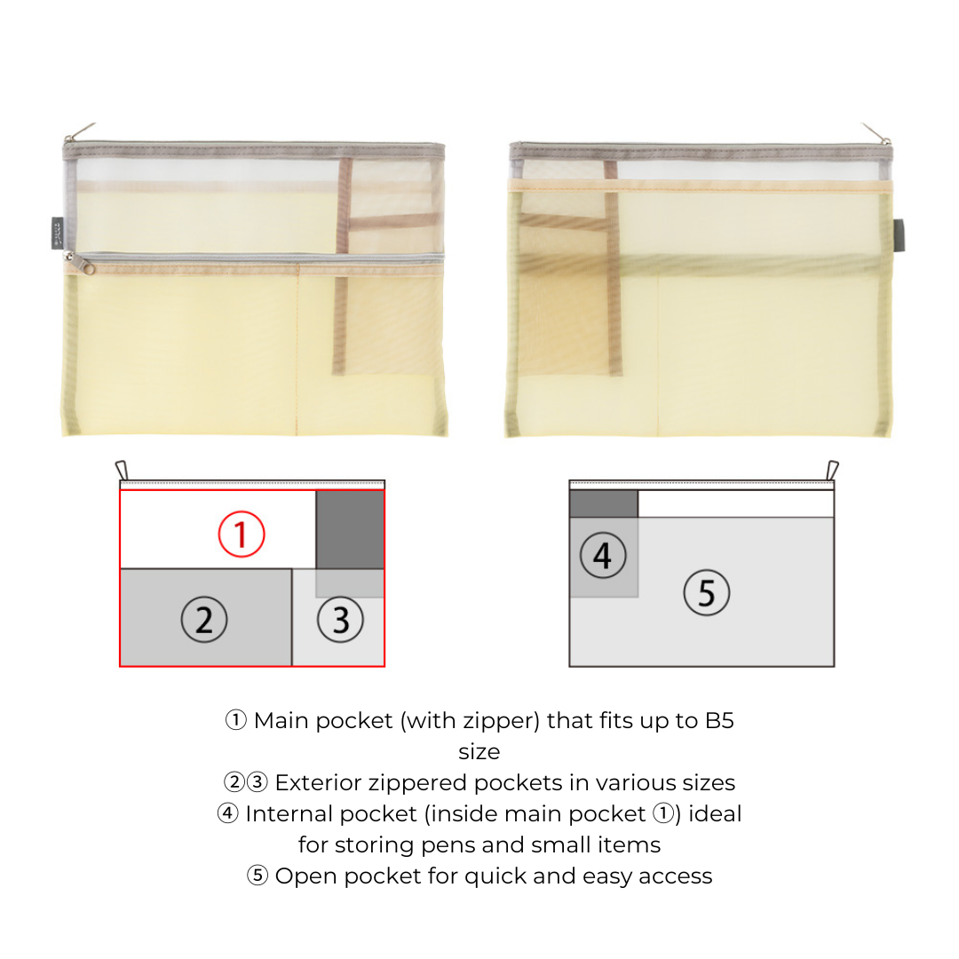 Midori Pen &amp; Tool Pouch (B5) Mesh in Beige — Midori carrying pouch — stationery storage and organisation, at Cityluxe Singapore