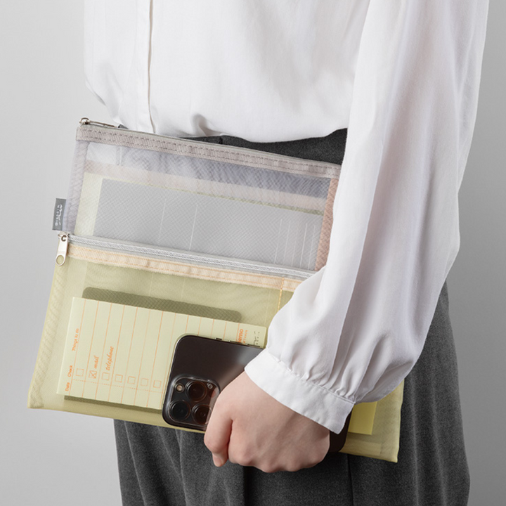 Midori Pen &amp; Tool Pouch (B5) Mesh in Beige — Midori carrying pouch — stationery storage and organisation, at Cityluxe Singapore