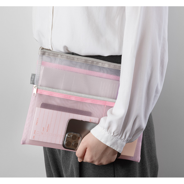 Midori Pen &amp; Tool Pouch (B5) Mesh in Pink — Midori carrying pouch — stationery storage and organisation, at Cityluxe Singapore