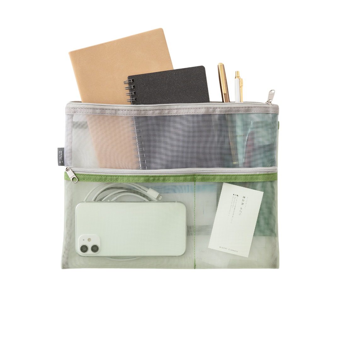 Midori Pen &amp; Tool Pouch (B5) Mesh in Green — Midori carrying pouch — stationery storage and organisation, at Cityluxe Singapore