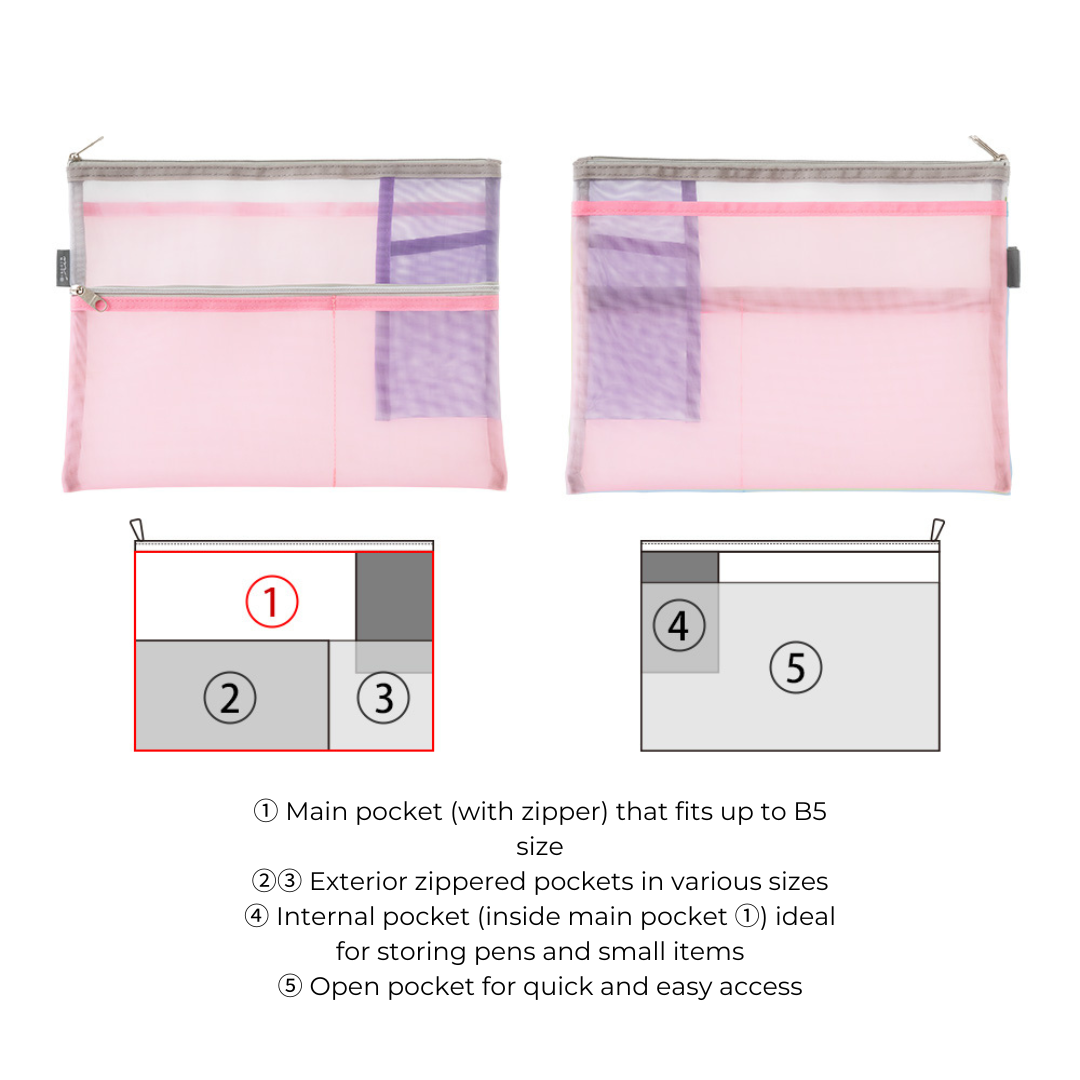 Midori Pen &amp; Tool Pouch (B5) Mesh in Pink — Midori carrying pouch — stationery storage and organisation, at Cityluxe Singapore