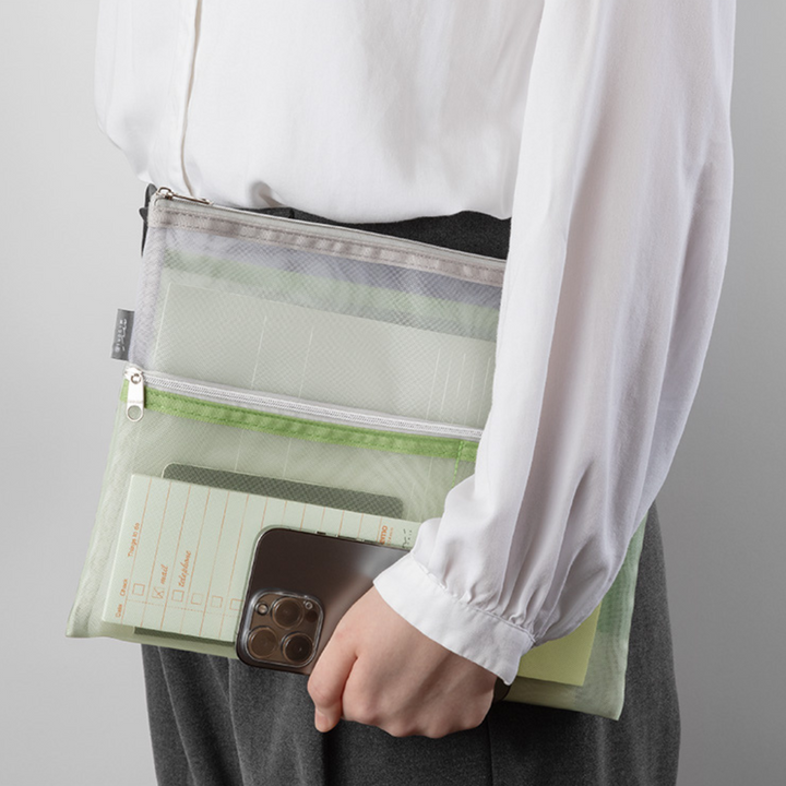 Midori Pen &amp; Tool Pouch (B5) Mesh in Green — Midori carrying pouch — stationery storage and organisation, at Cityluxe Singapore