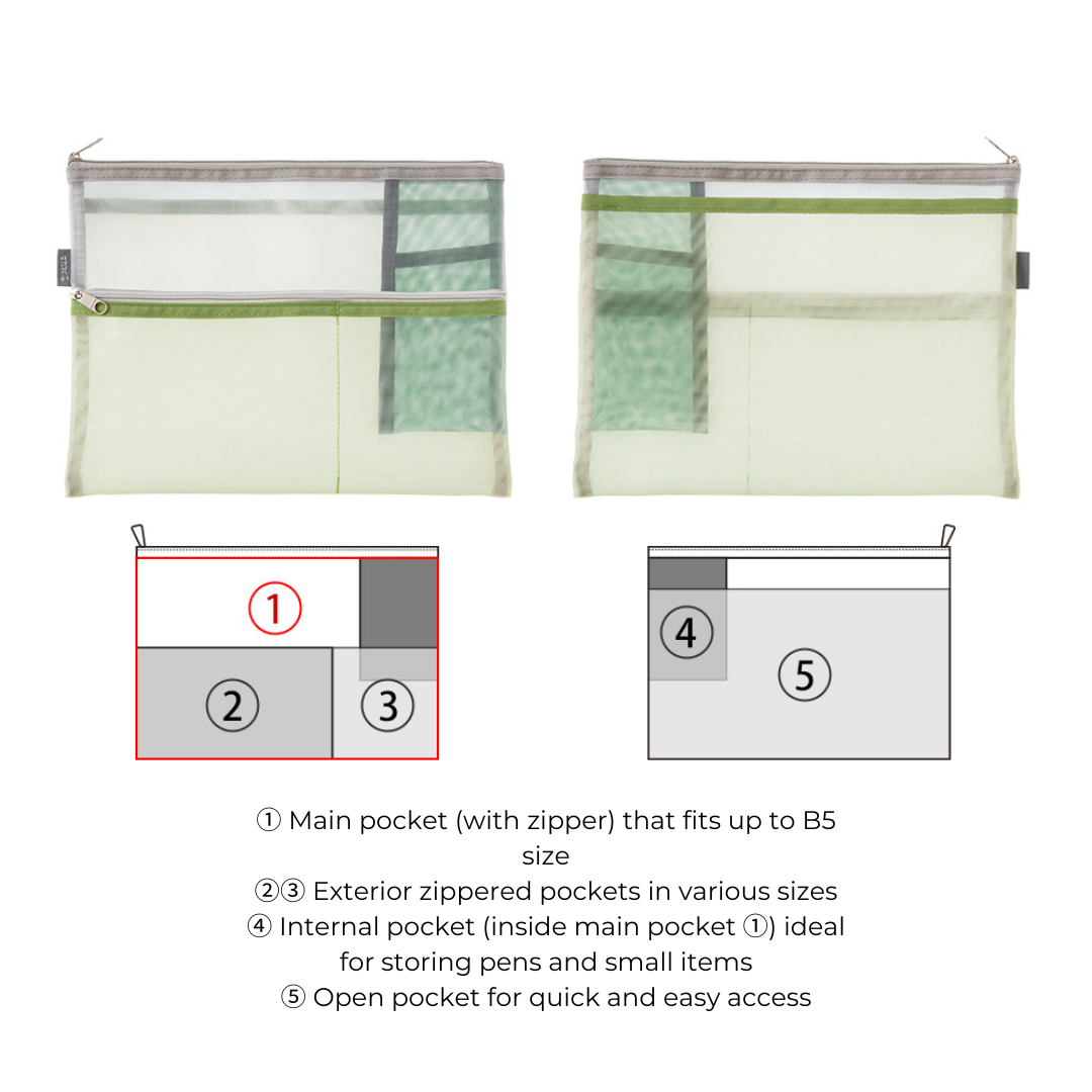 Midori Pen &amp; Tool Pouch (B5) Mesh in Green — Midori carrying pouch — stationery storage and organisation, at Cityluxe Singapore