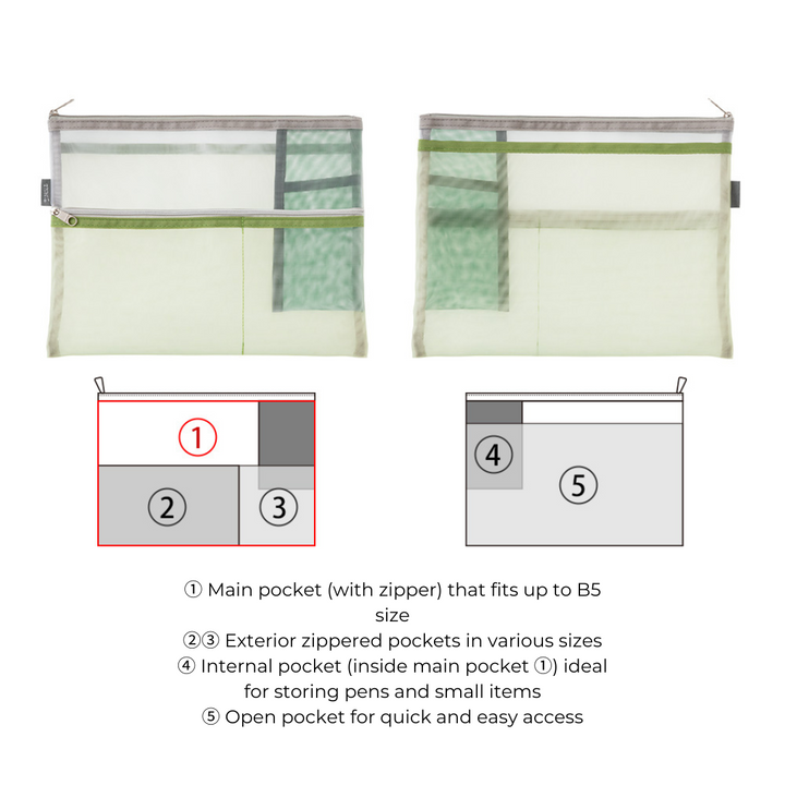 Midori Pen &amp; Tool Pouch (B5) Mesh in Green — Midori carrying pouch — stationery storage and organisation, at Cityluxe Singapore