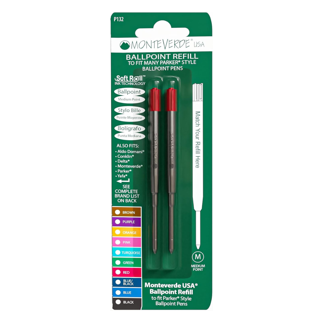 Monteverde Soft Roll Ballpoint Refill To Fit Parker Ballpoint Pen (Pack of 2) in Red / Medium — Monteverde ballpoint pen — reliable smooth-writing everyday pen, at Cityluxe Singapore