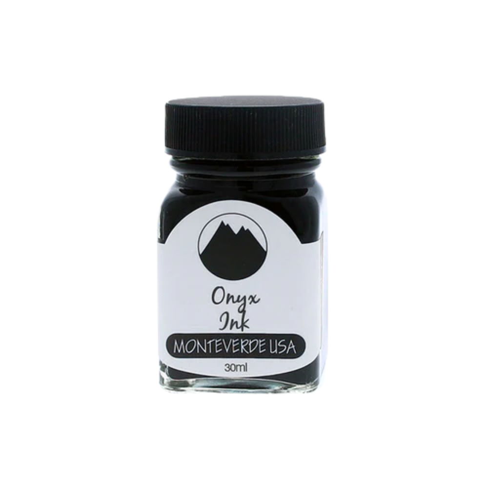 Monteverde 30ml Ink Bottle Onyx – deep black fountain pen ink in a clear glass bottle with black cap.