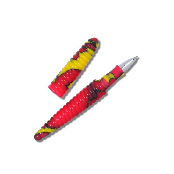 Acme Studio Rollerball Pen in Rings Yellow/Red — Acme Studio rollerball pen — fluid gel ink writing instrument, at Cityluxe Singapore