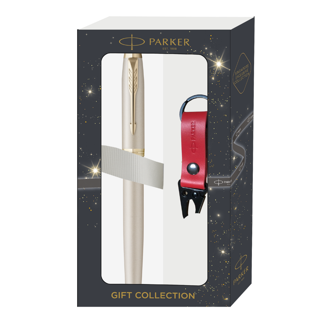Parker IM Monochrome Champagne GT Rollerball Pen with Leather Key Hook Gift Set