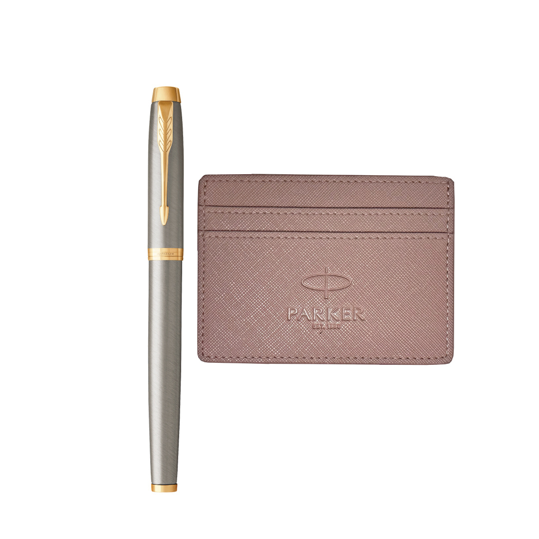 Parker IM Rollerball Pen Gift Set - Brushed Metal with Gold Trim with Mauve Card Holder