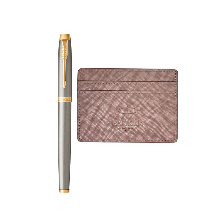 Parker IM Rollerball Pen Gift Set - Brushed Metal with Gold Trim with Mauve Card Holder