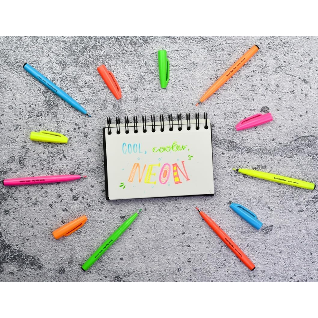 Pentel Brush Sign Pen - Fluorescent Red, Fluorescent Orange, Fluorescent Yellow,Fluorescent Green, Fluorescent Pink, &amp;Fluorescent  Blue