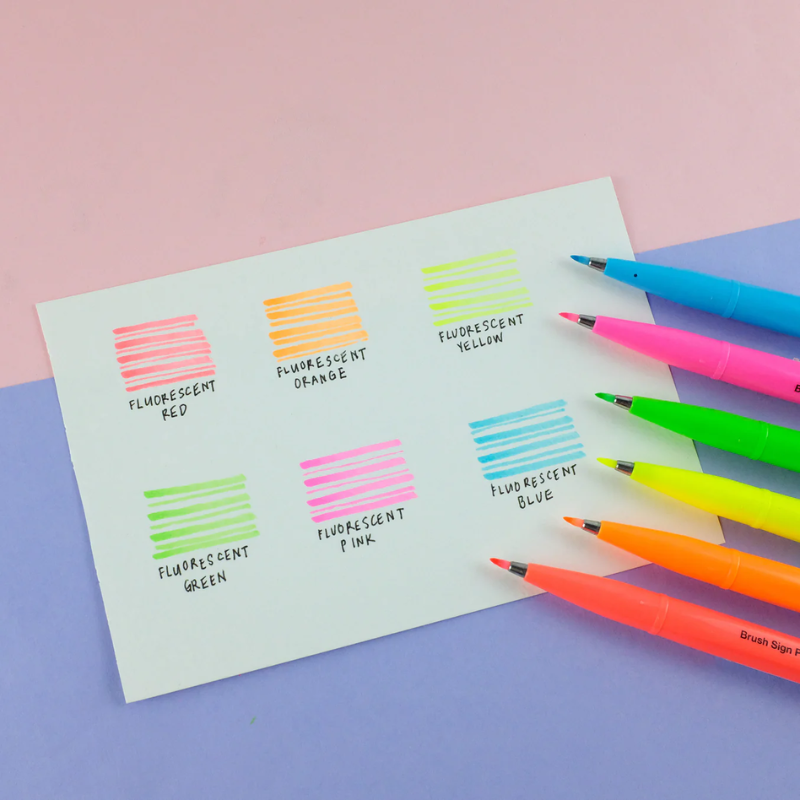 Pentel Brush Sign Pen - Fluorescent Red, Fluorescent Orange, Fluorescent Yellow,Fluorescent Green, Fluorescent Pink, &amp;Fluorescent  Blue