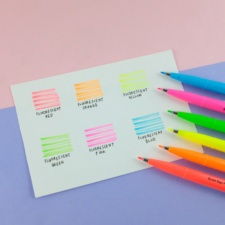 Pentel Brush Sign Pen - Fluorescent Red, Fluorescent Orange, Fluorescent Yellow,Fluorescent Green, Fluorescent Pink, &amp;Fluorescent  Blue