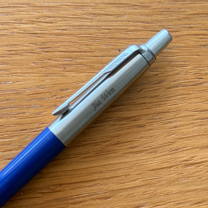 Personalised name engraving on Parker Jotter Special Blue Ballpoint Pen