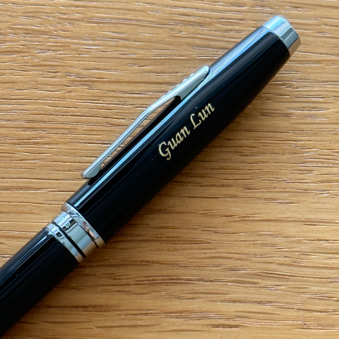 Personalised name engraving on Cross Coventry Black Lacquer Ballpoint Pen