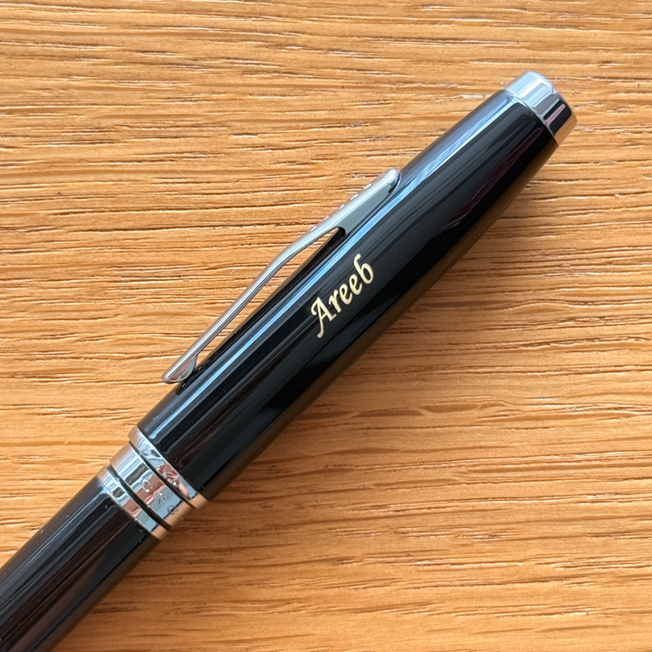 Personalised name engraving on Cross Coventry Black Lacquer Ballpoint Pen at Cityluxe WorkRoom