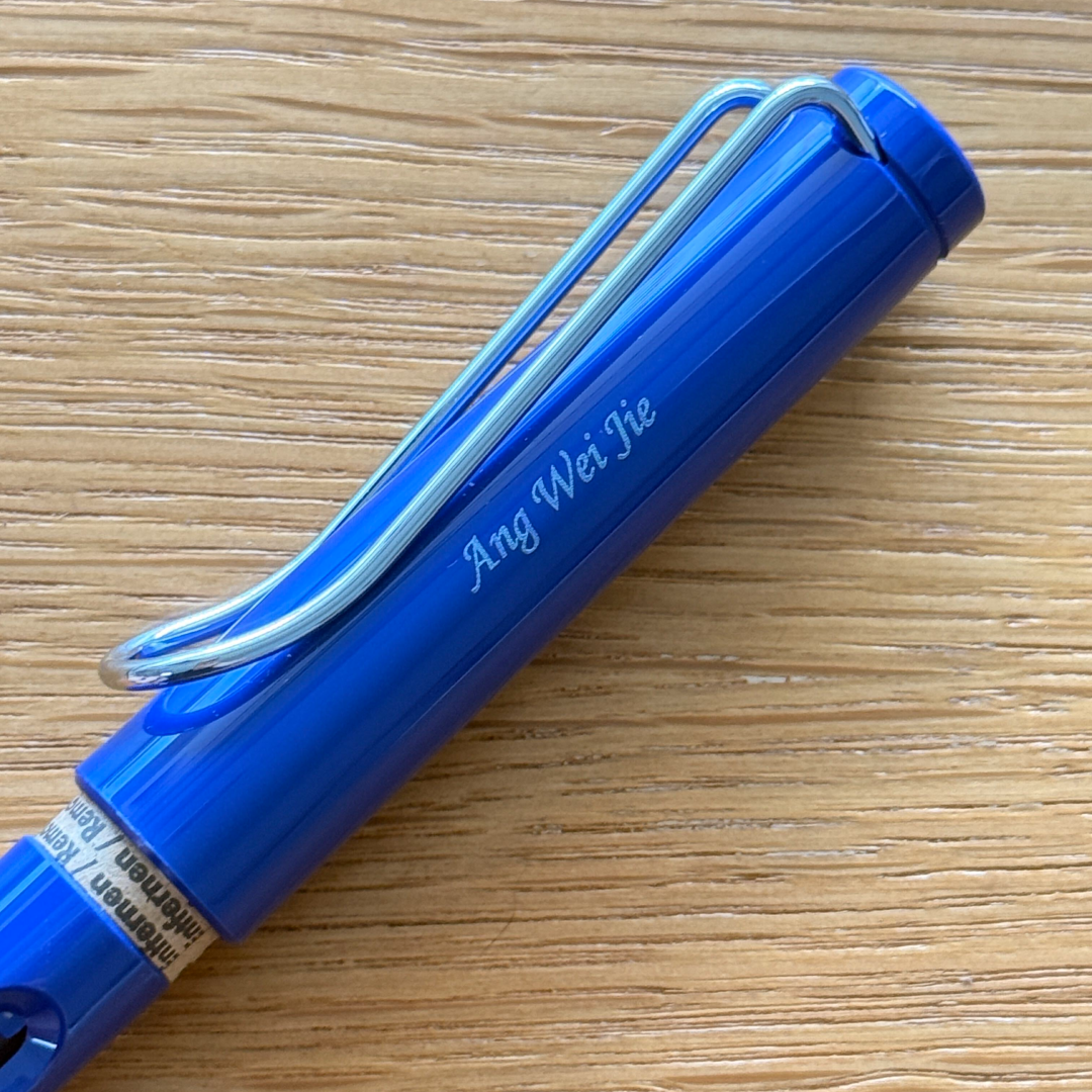 Personalised name engraving on Lamy Safari Fountain Pen Blue