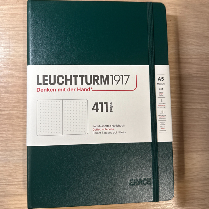 Personalized Name Engraving On Leuchtturm1917 A5 Medium Hardcover Notebook (Thick, 411 Pages) - Dotted / Forest Green