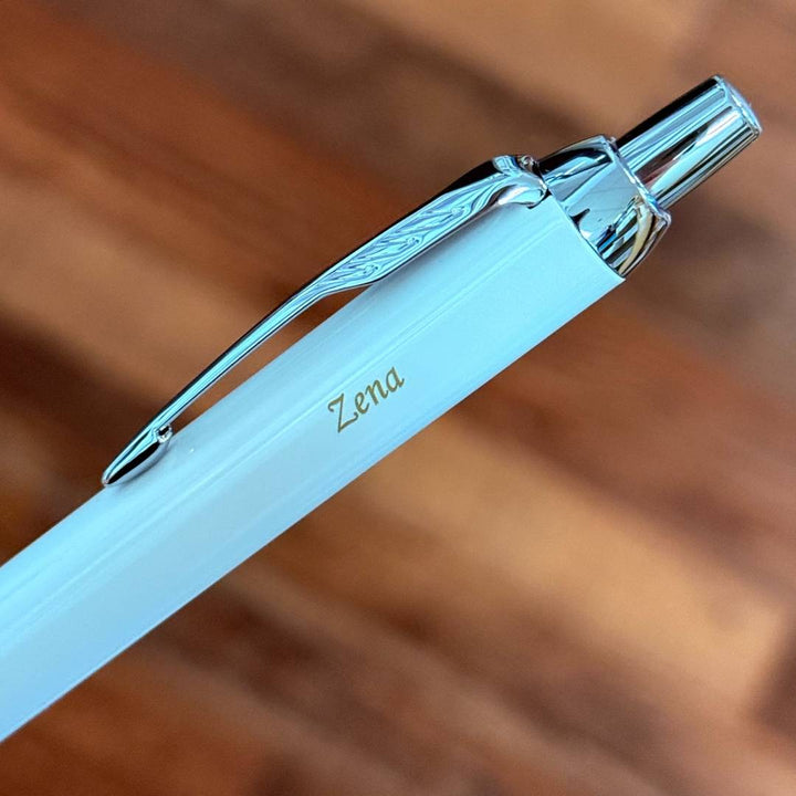 Personalized Name Engraving On Parker IM Ballpoint Pen Gift Set - White Chrome Trim 