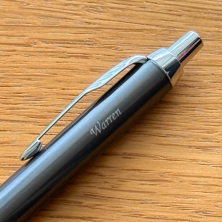 Personalised name engraving on Parker IM Dark Espresso CT Ballpoint Pen Gift Set  at Cityluxe WorkRoom