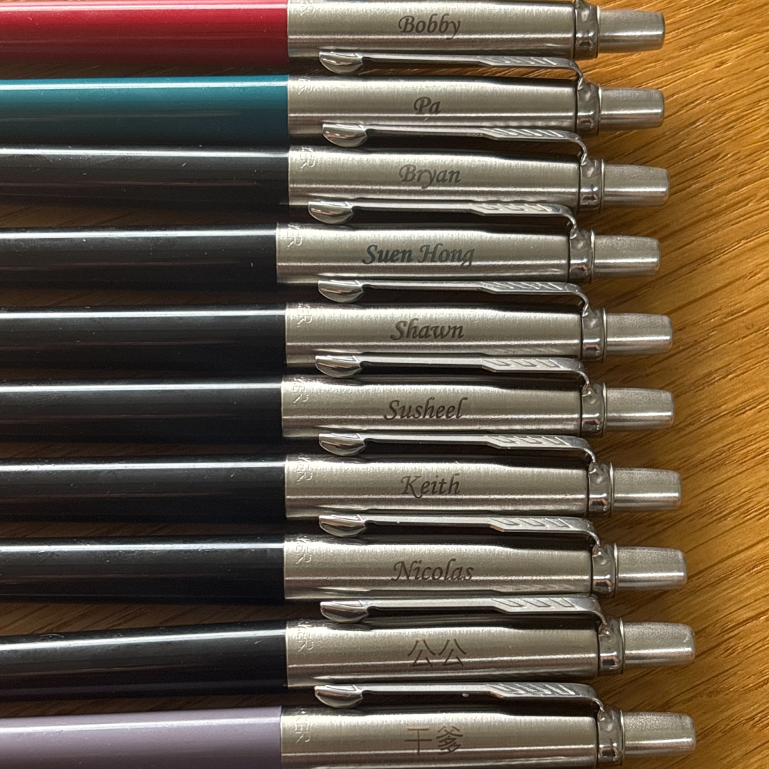 Personalized Name Engraving On Parker Jotter Originals Ballpoint Pen in Red, Peacock Blue, Black, Aubergine and Blue