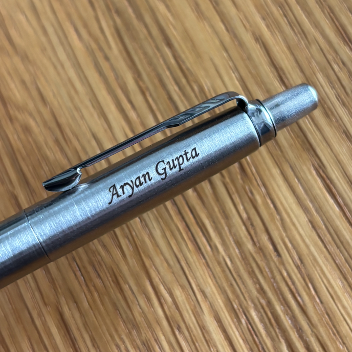 Personalised name engraving on Parker Jotter Stainless Steel CT Ballpoint Pen at Cityluxe WorkRoom
