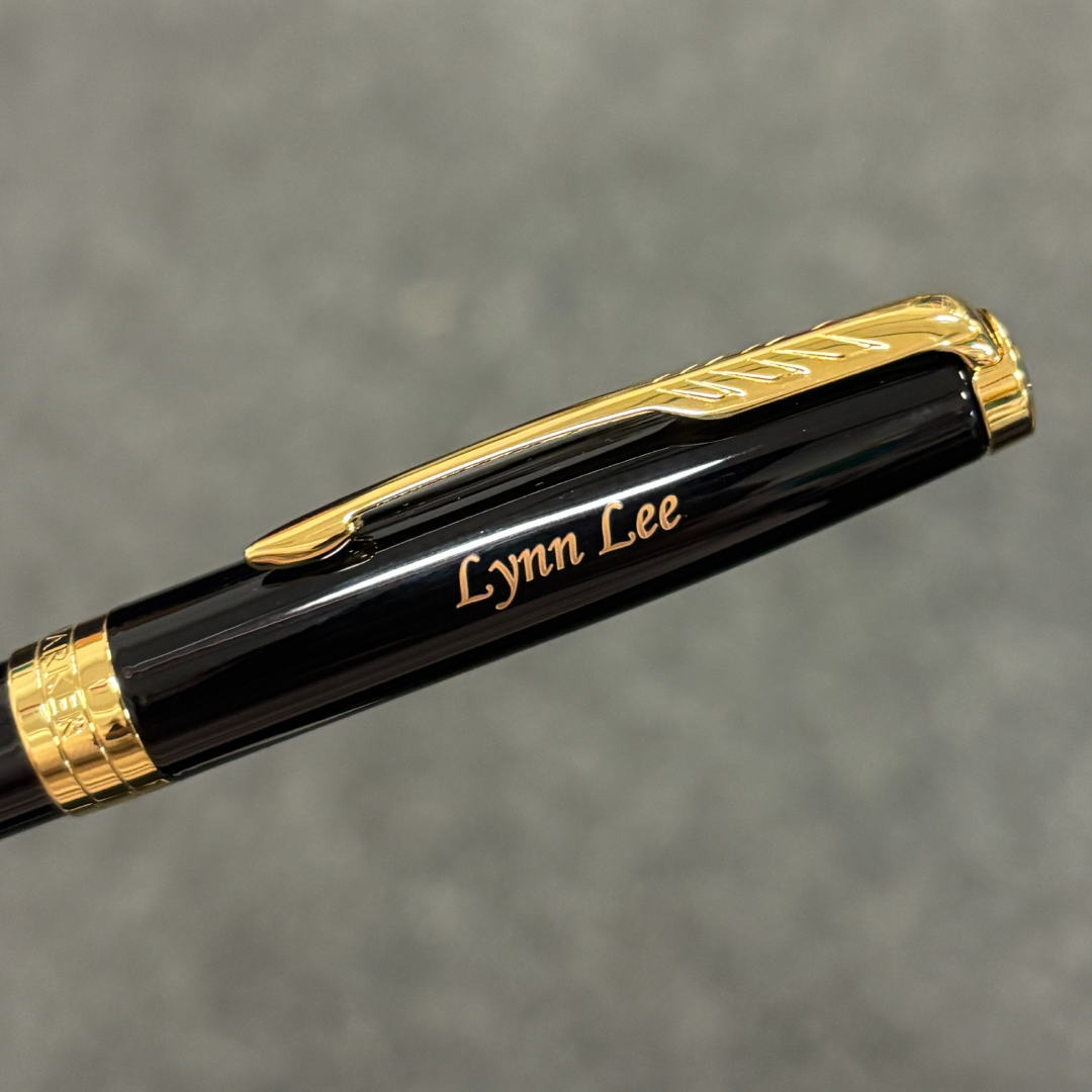 Personalised name engraving on Parker Sonnet Lacquer Black GT Ballpoint Pen