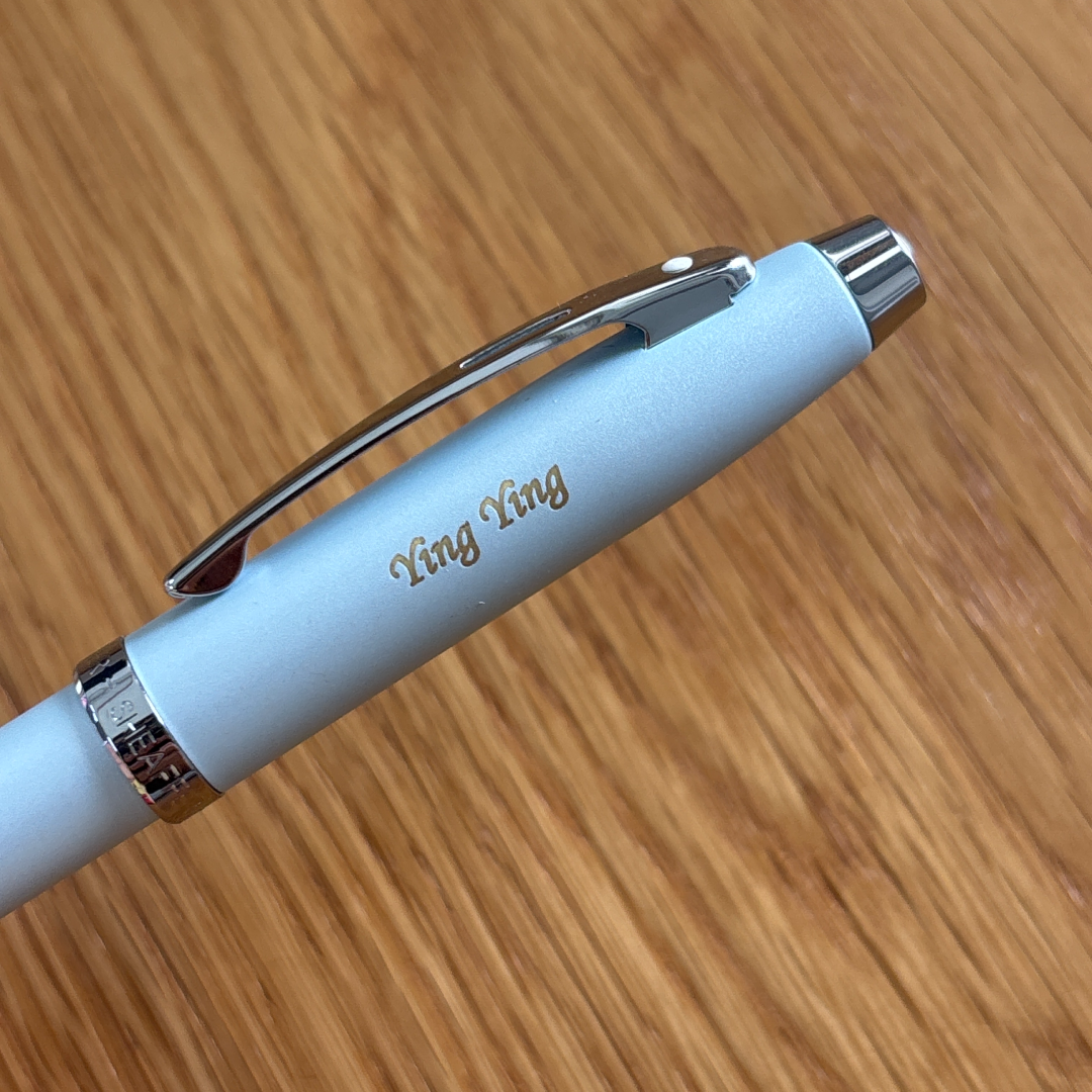Personalised name engraving on Sheaffer 100 9376 Expressions Blue and Pink Pearlised Gradient Ballpoint Pen with Chrome-plated Trims