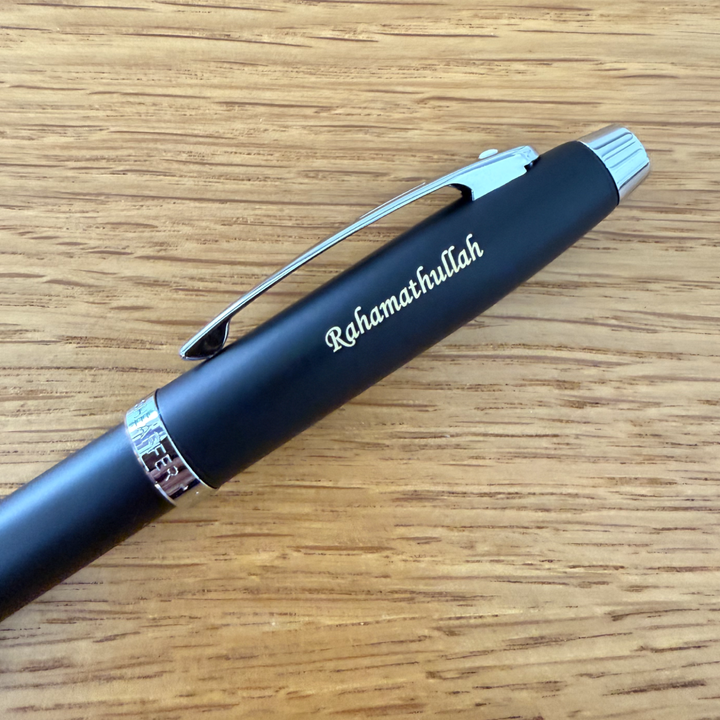 Personalised name engraving on Sheaffer 100 E9317 Matte Black With Chrome Trims Rollerball Pen