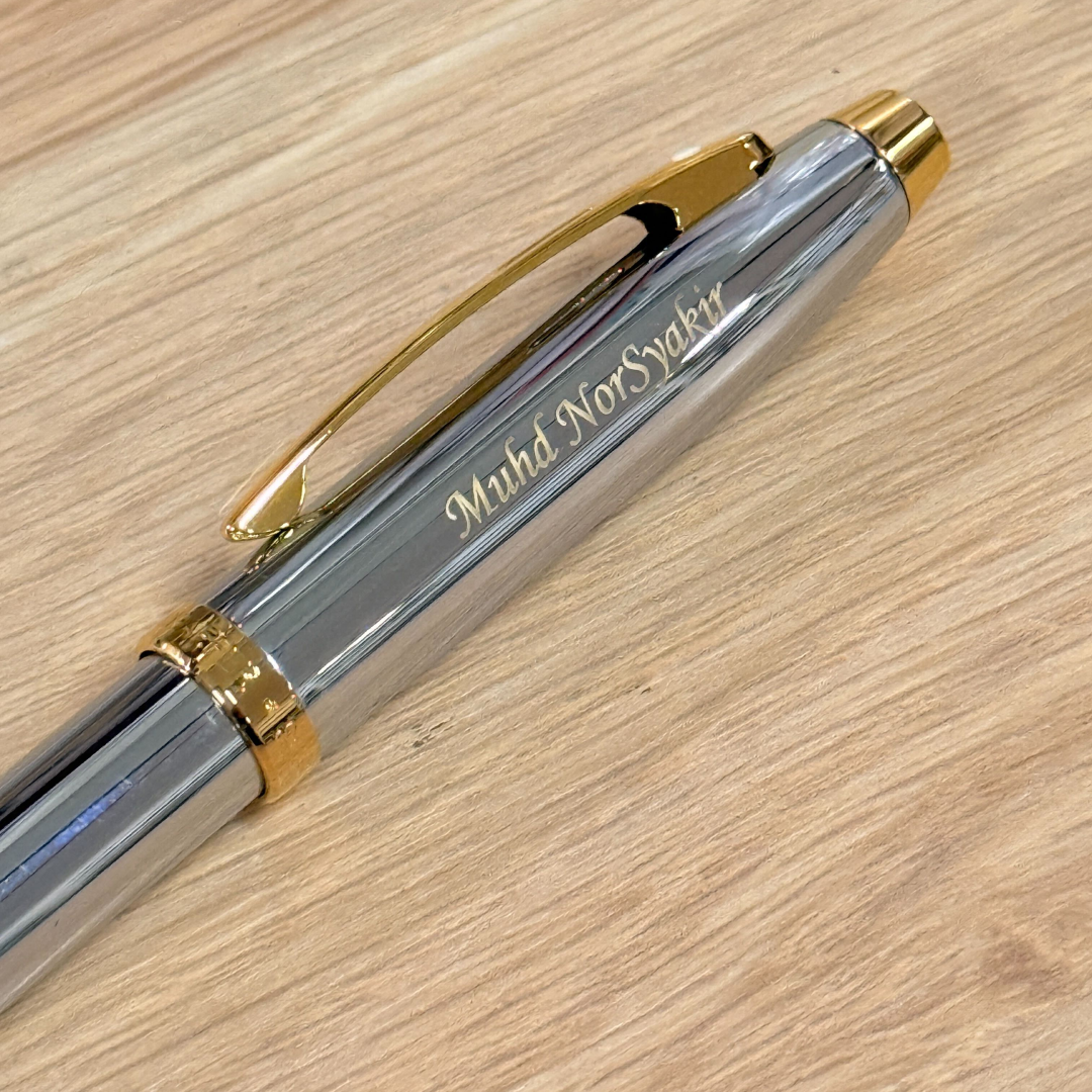 Personalized Name Engraving On Sheaffer 100 E9340 Bright Chrome With Gold Trims Ballpoint Pen