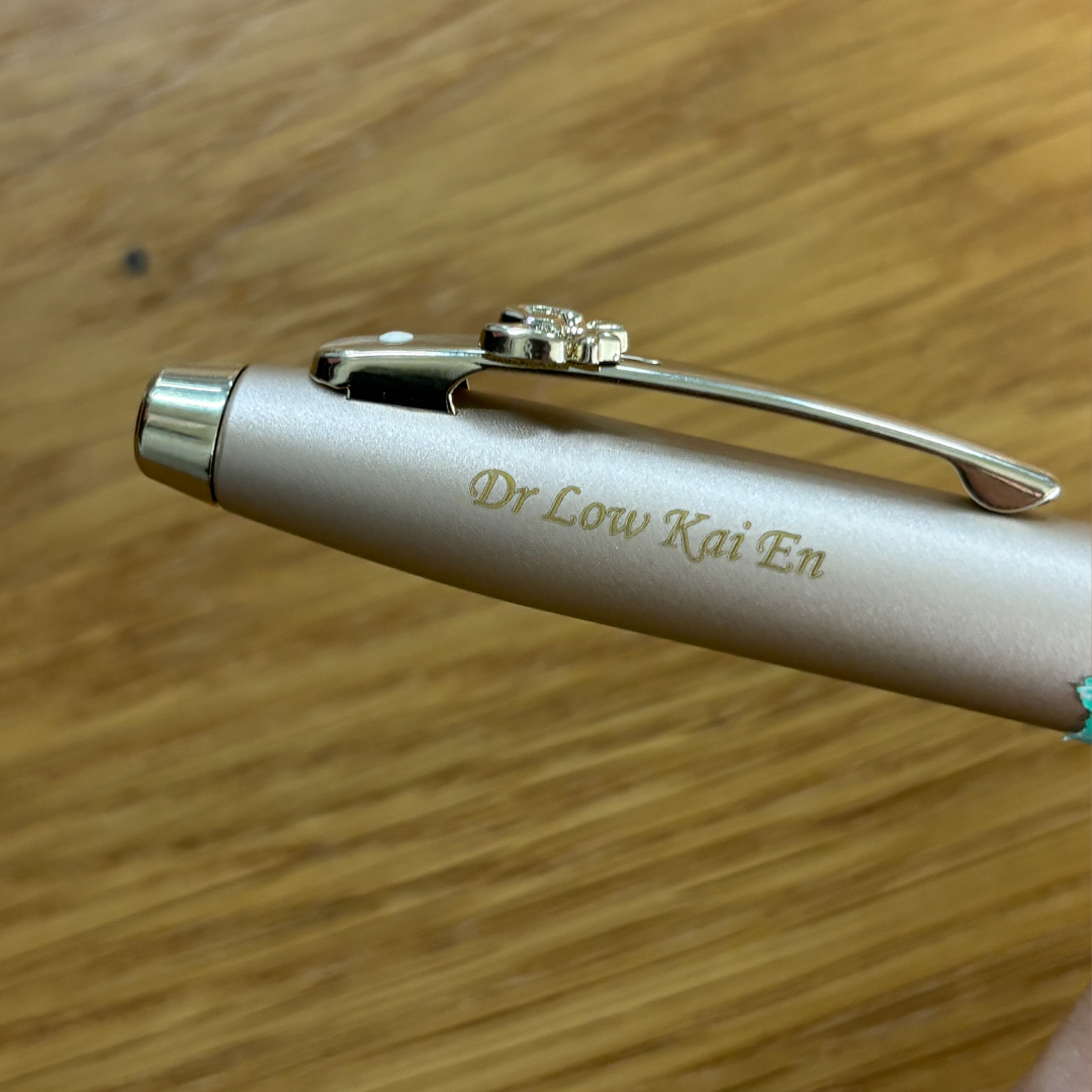 Personalised name engraving on Sheaffer Emily in Paris 100 E9377 Champagne Gold Finish Body and Trims with Bow Emblem Fountain Pen - Medium at Cityluxe WorkRoom