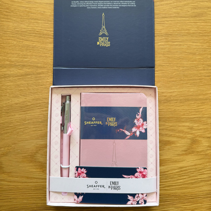 Personalized Name Engraving On Sheaffer Gift Set ft. Emily in Paris Sentinel 321 Pink Matte Finish Ballpoint Pen with Chrome Trims and Small Hardbound Notebook