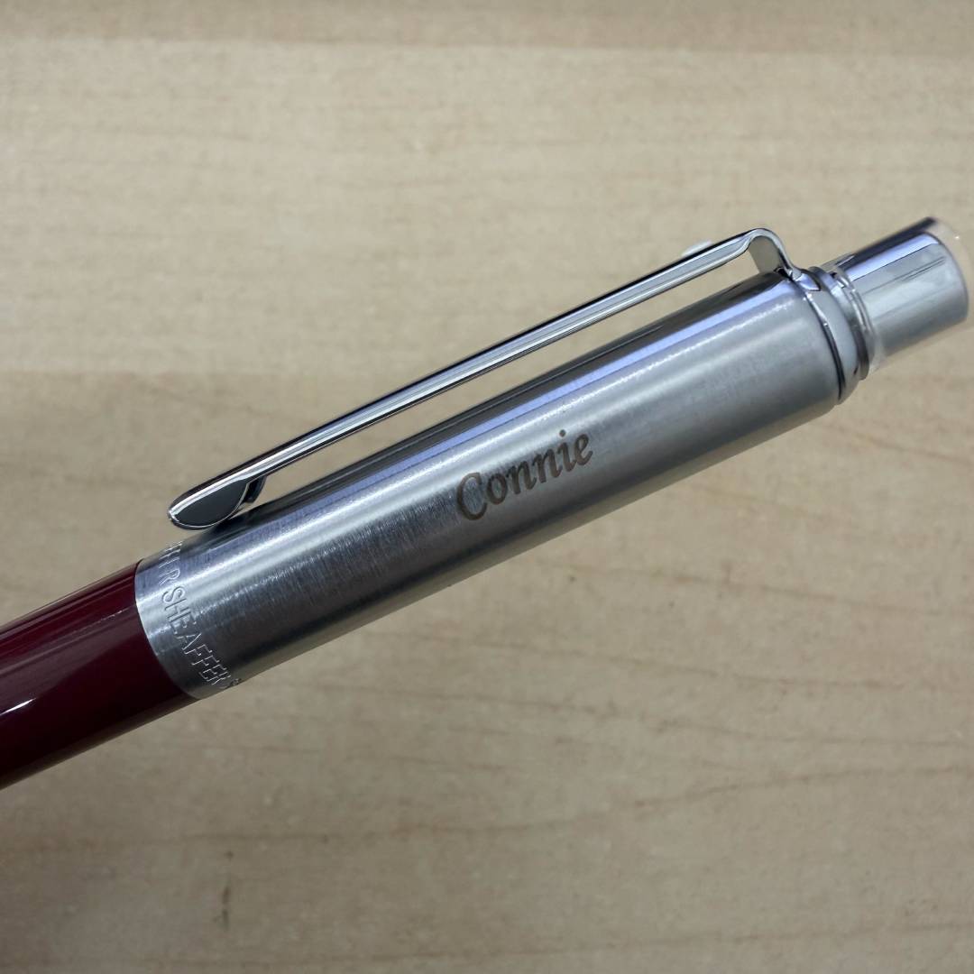 Personalized Name Engraving On Sheaffer Sentinel Burgundy and Chrome Ballpoint Pen With Chrome Trims (WW31)