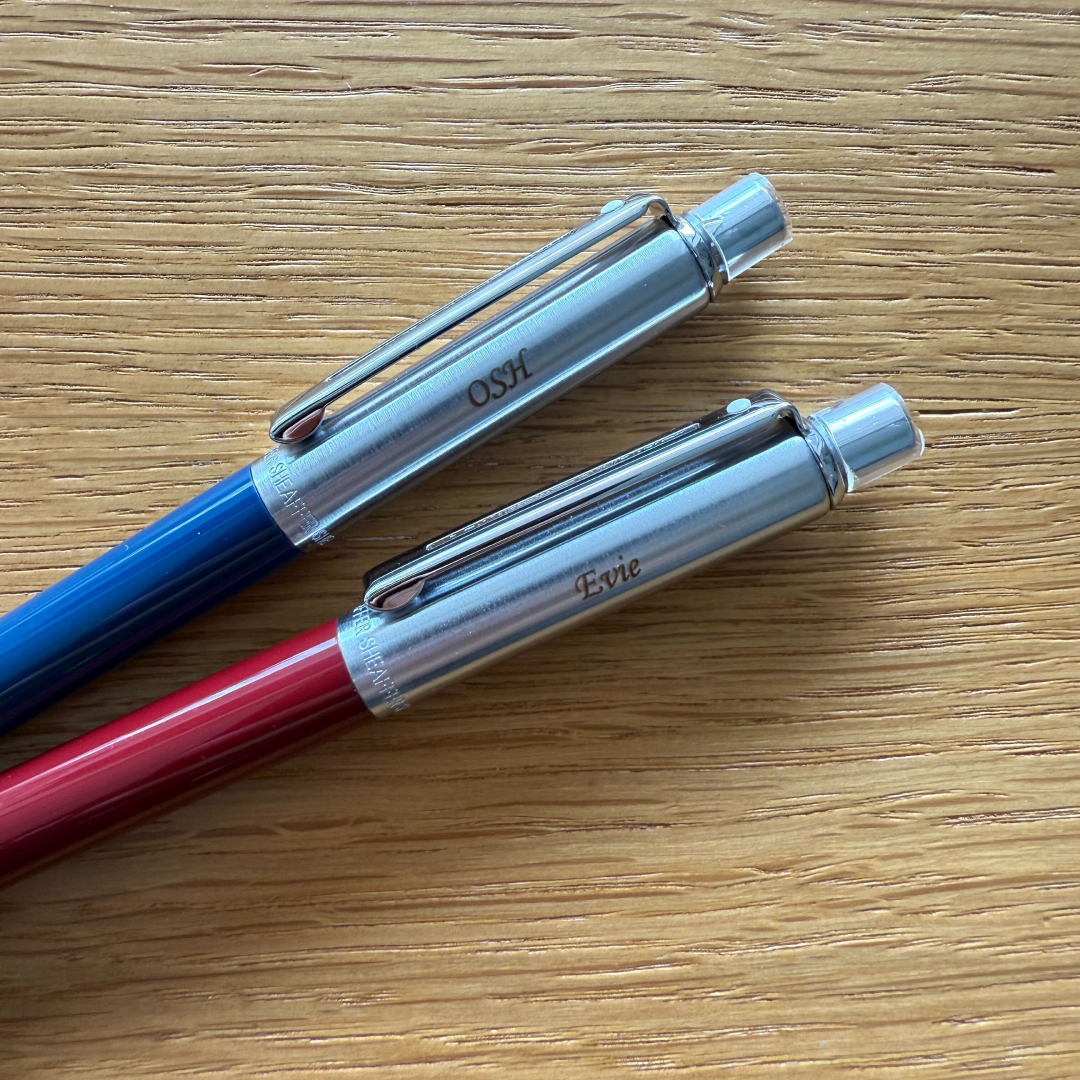 Personalised name engraving on Sheaffer Sentinel Chrome Ballpoint Pen With Chrome Trims in Blue and Burgundy — Cityluxe