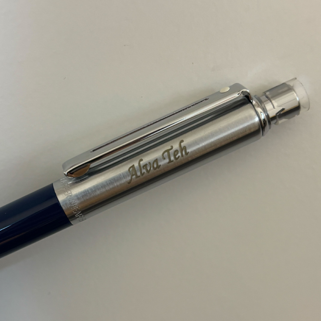 Personalized Name Engraving On Sheaffer Sentinel Blue and Chrome Ballpoint Pen With Chrome Trims