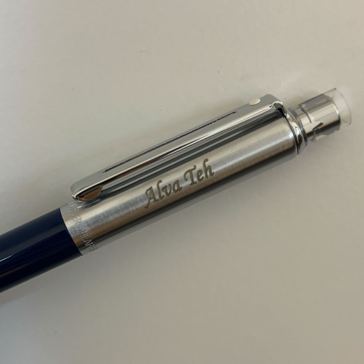 Personalized Name Engraving On Sheaffer Sentinel Blue and Chrome Ballpoint Pen With Chrome Trims